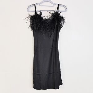 Sleeper Women's Small Feather Mini Slip Dress Black Ostrich Feathers Silky LBD